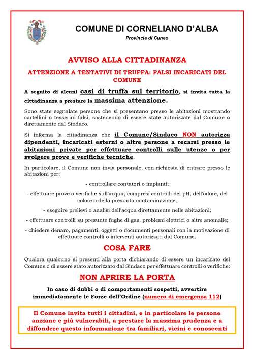 Avviso alla cittadinanza tentativi di truffa: falsi incaricati del Comune